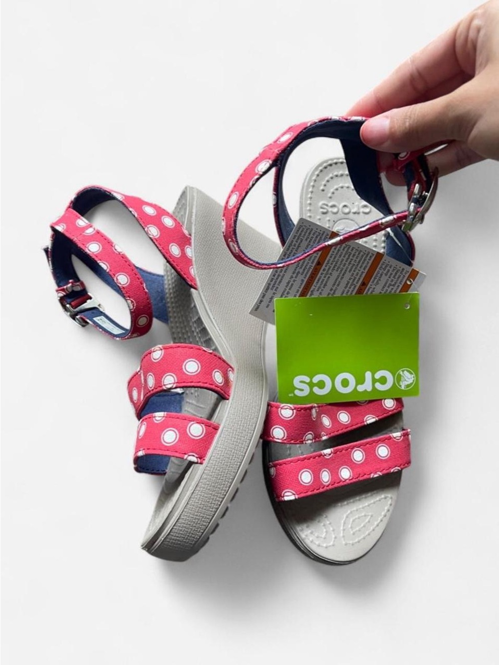 CROCS Leigh Graphic Wedge Red White Polka Dot Strap Casual Comfy Sz 8